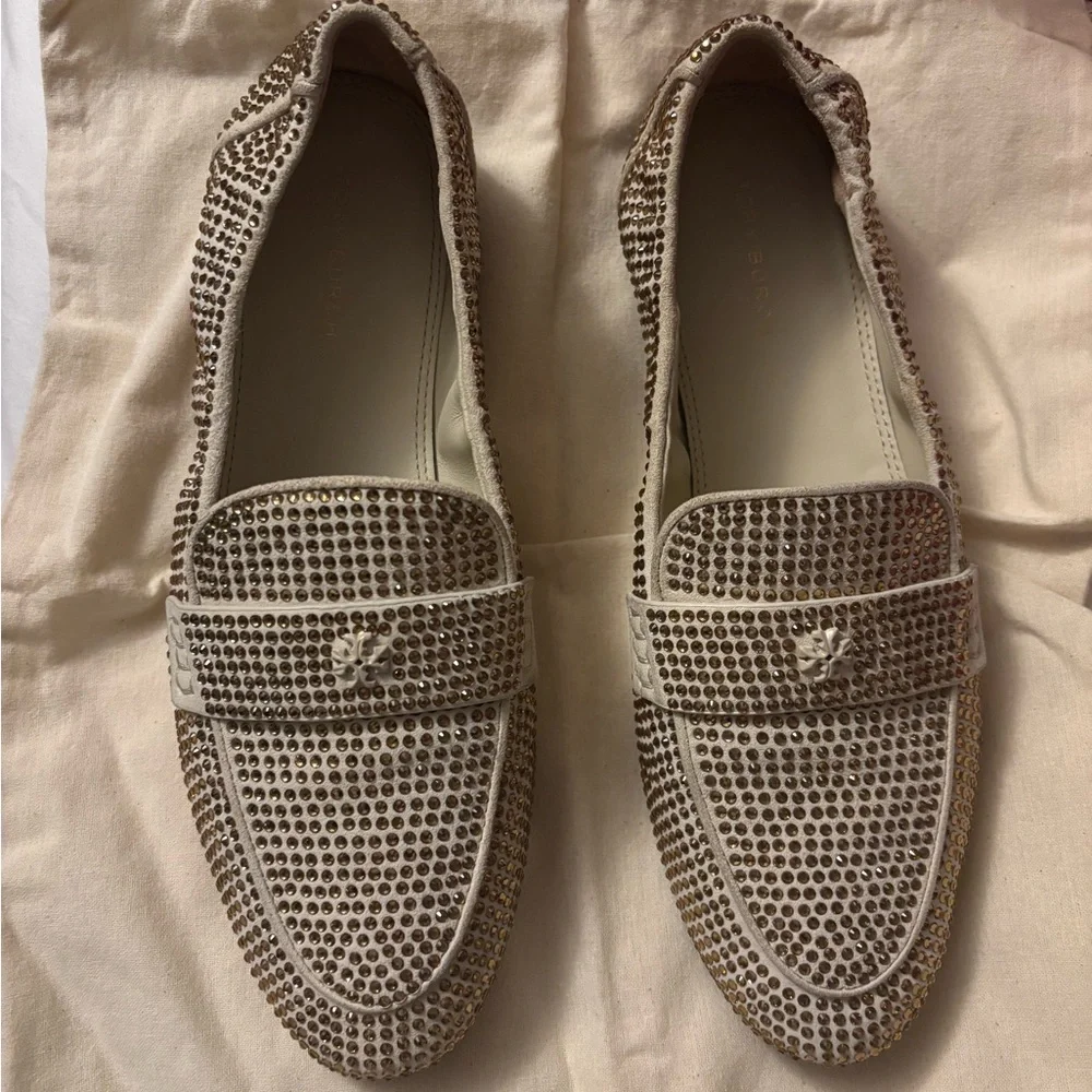 Tory Burch leather crystal Loafers in new cream size 7.5 - Picture 4 of 14